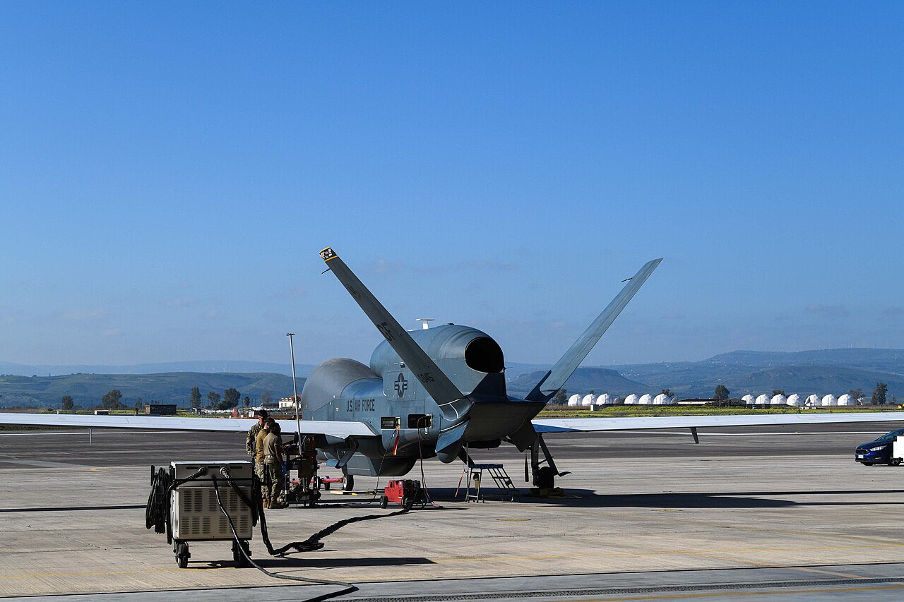 RQ-4 Global Hawk unmanned aircraft during post-flight inspection