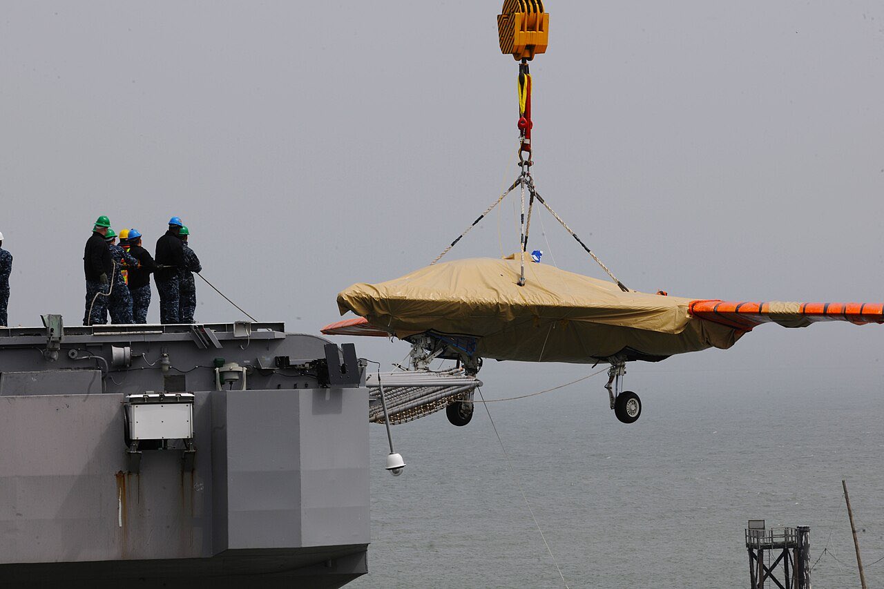 X-47B unmanned combat aircraft on a carrier flight deck