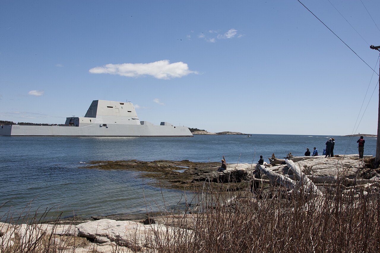 USS Zumwalt stealth destroyer departing for acceptance trials